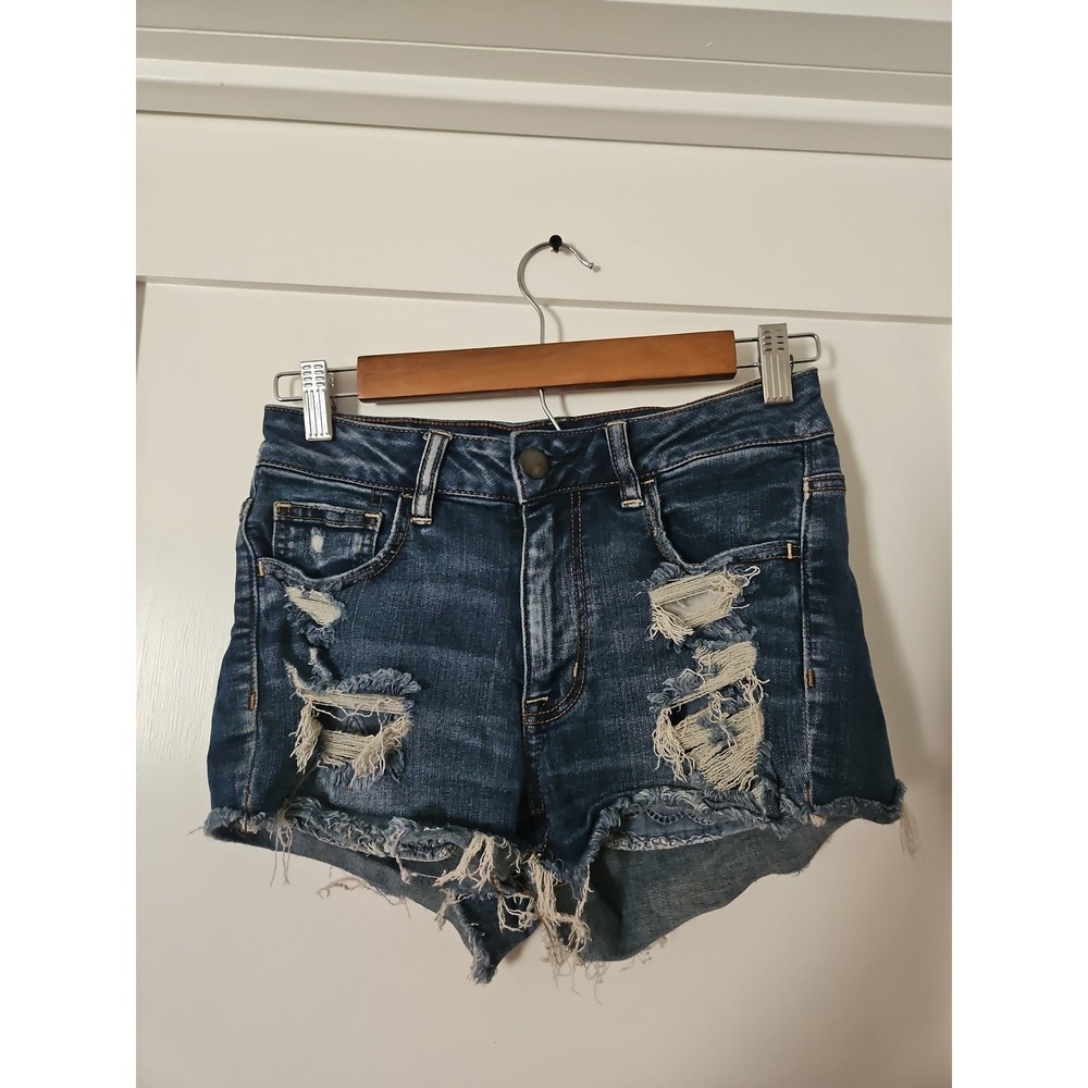 American Eagle Super Stretch Denim Shorts Womens Size 4 Hi-Rise Distressed Blue - Picture 11 of 12